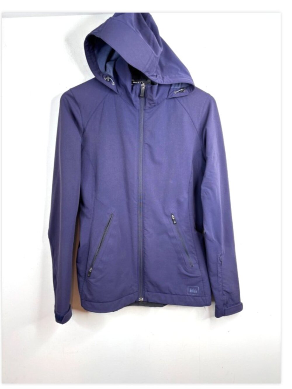 REI Co-op Purple Softshell Hiking Jacket S Water Resistant Hood Full Zip Pockets